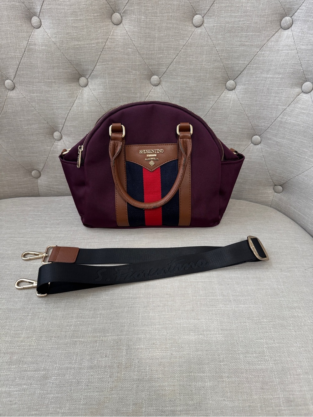 Women's Burgundy Dome Satchel with Red & Navy Stripe